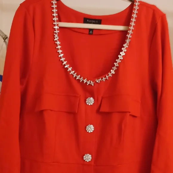 Eloquii Red Long Sleeve Dress with Embellished Neckline - Picture 1 of 10